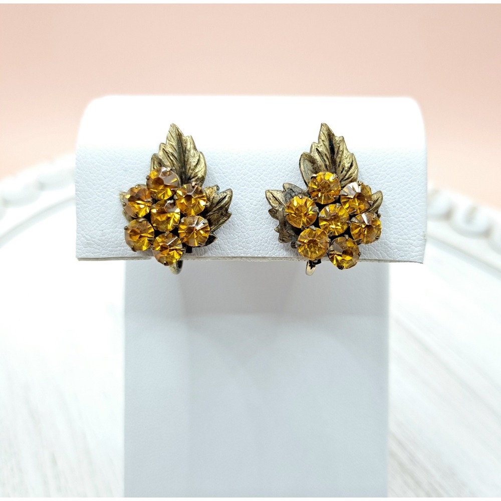 Vintage Art Deco Floral Dress Clip and Screwback Earrings Set Orange Rhinestones - Picture 4 of 8
